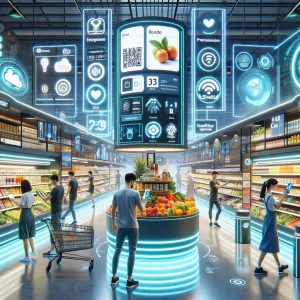 "Futurista experiencia de compra en supermercado con tecnología avanzada"